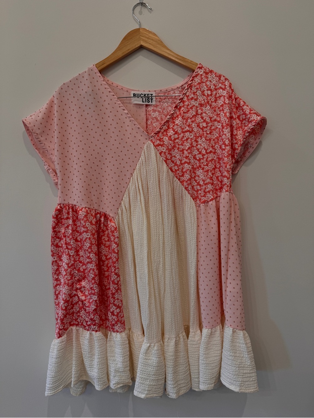 BUCKETLIST Pink, Cream & Coral Patchwork Ruffle-Hem Dress